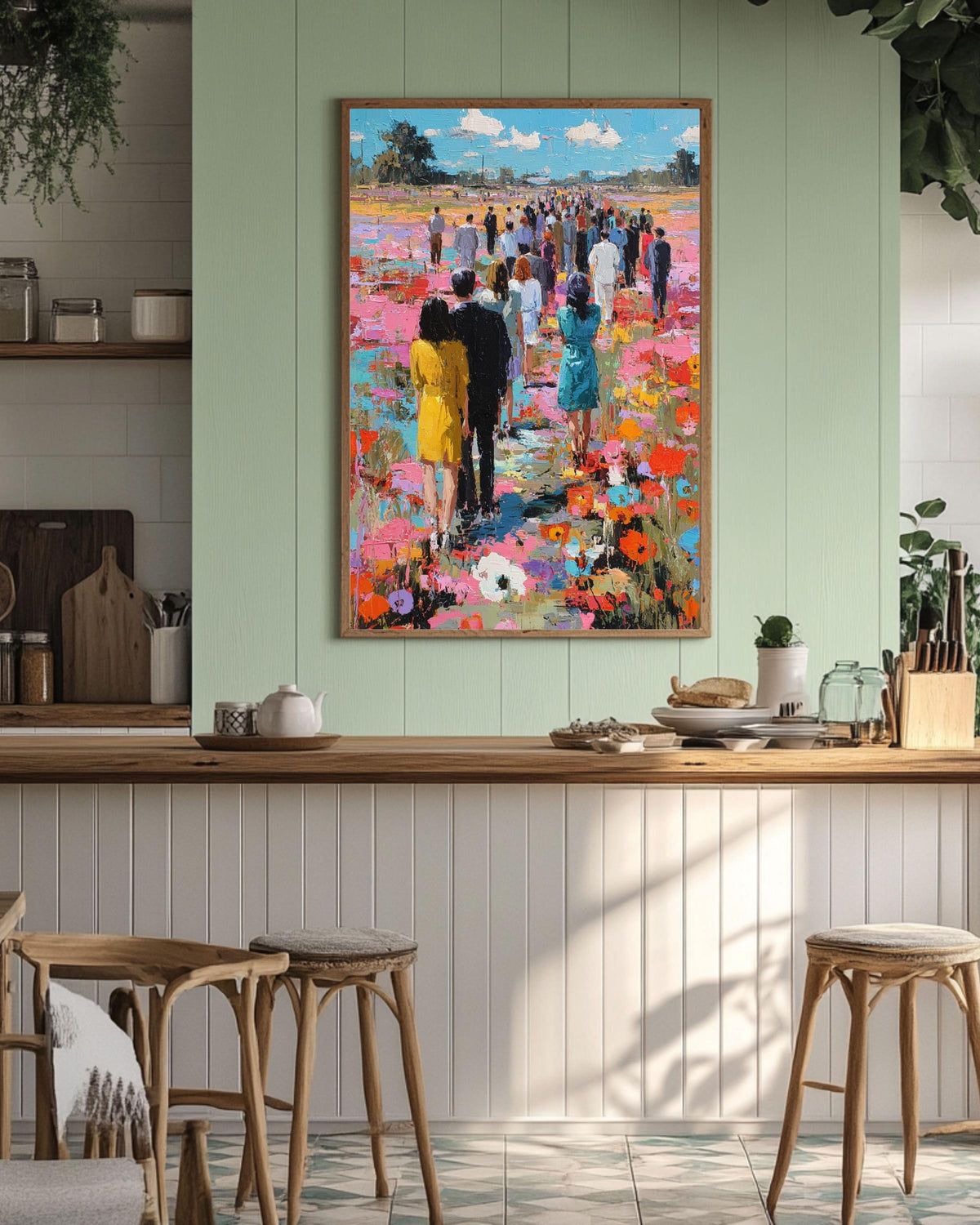Impressionist People Art Print: Textured Floral Landscape, Vibrant Crowd