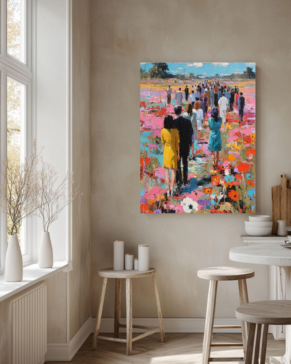Impressionist People Art Print: Textured Floral Landscape, Vibrant Crowd