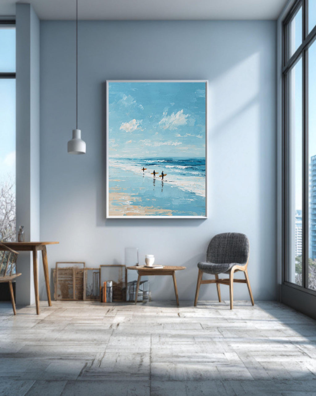 Textured Surfers on Beach Painting: Coastal Ocean Art