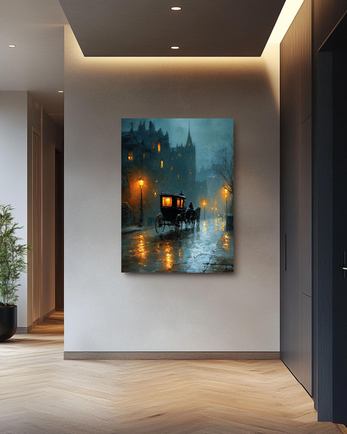 Rainy London Street Canvas Art, Victorian Carriage, Dark Academia Decor