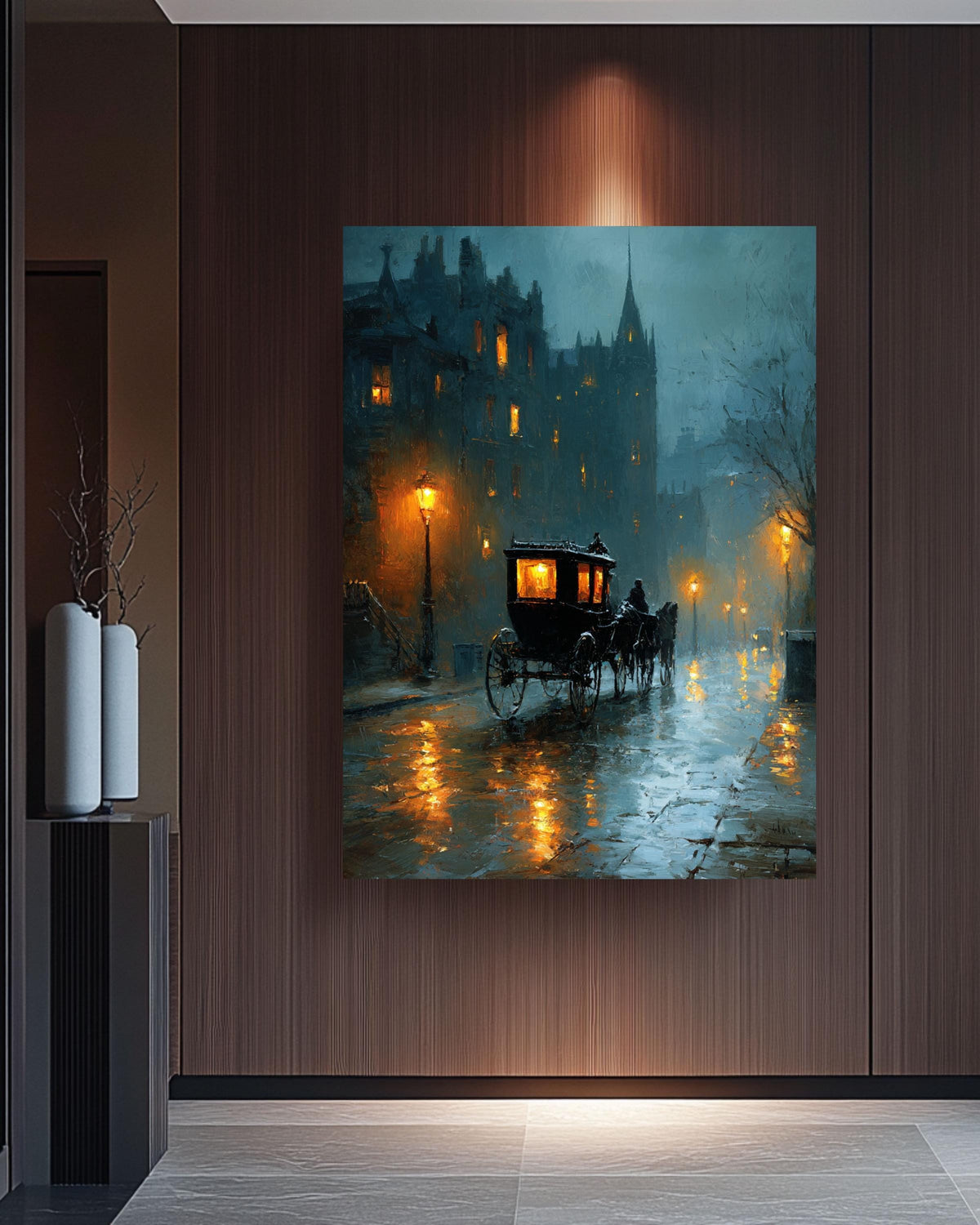 Rainy London Street Canvas Art, Victorian Carriage, Dark Academia Decor