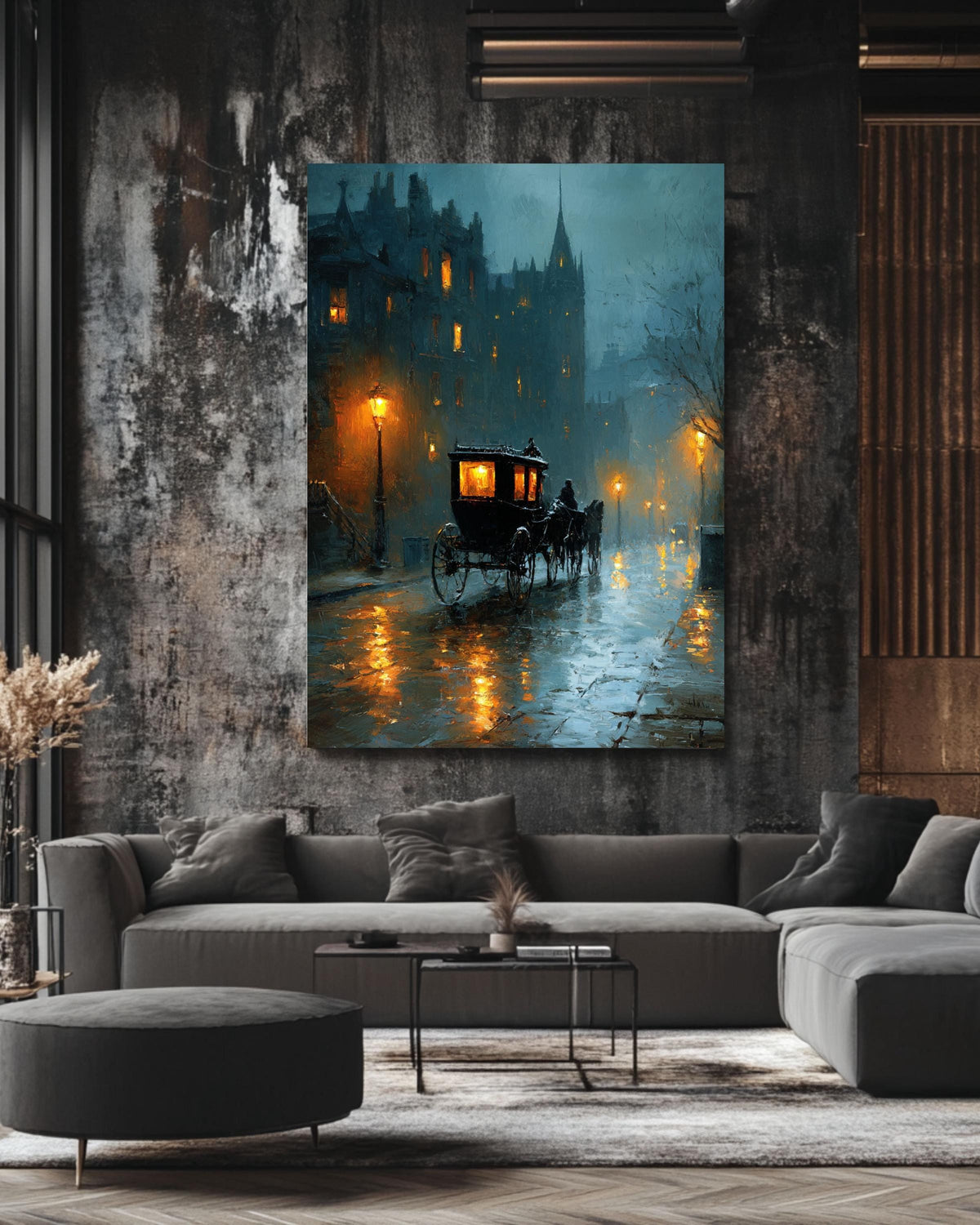 Rainy London Street Canvas Art, Victorian Carriage, Dark Academia Decor