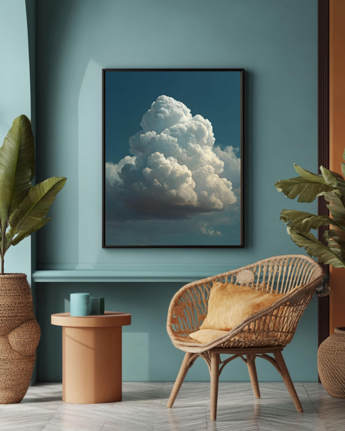 Fluffy Cloud Canvas Art: Minimalist Blue Sky Painting