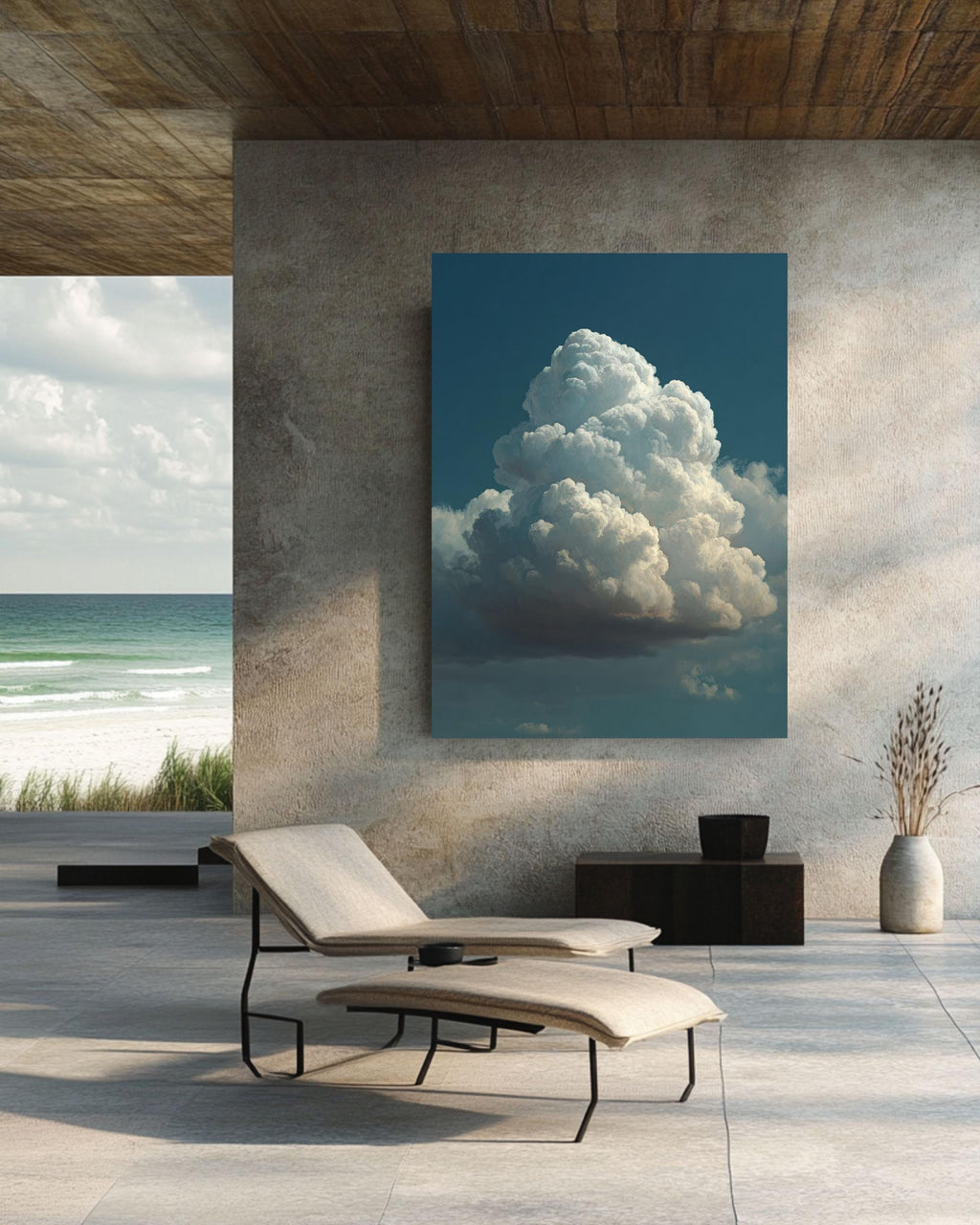 Fluffy Cloud Canvas Art: Minimalist Blue Sky Painting