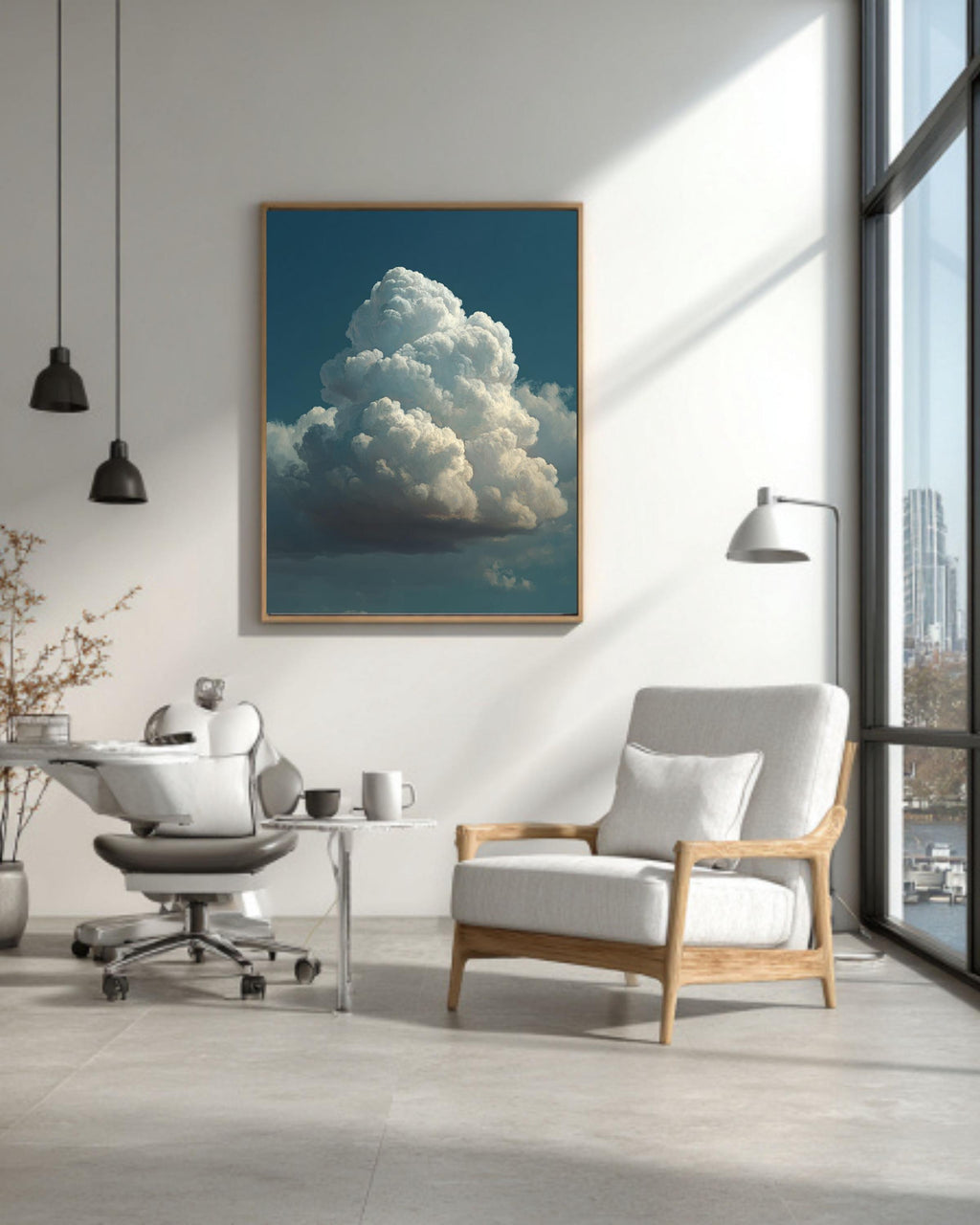 Fluffy Cloud Canvas Art: Minimalist Blue Sky Painting