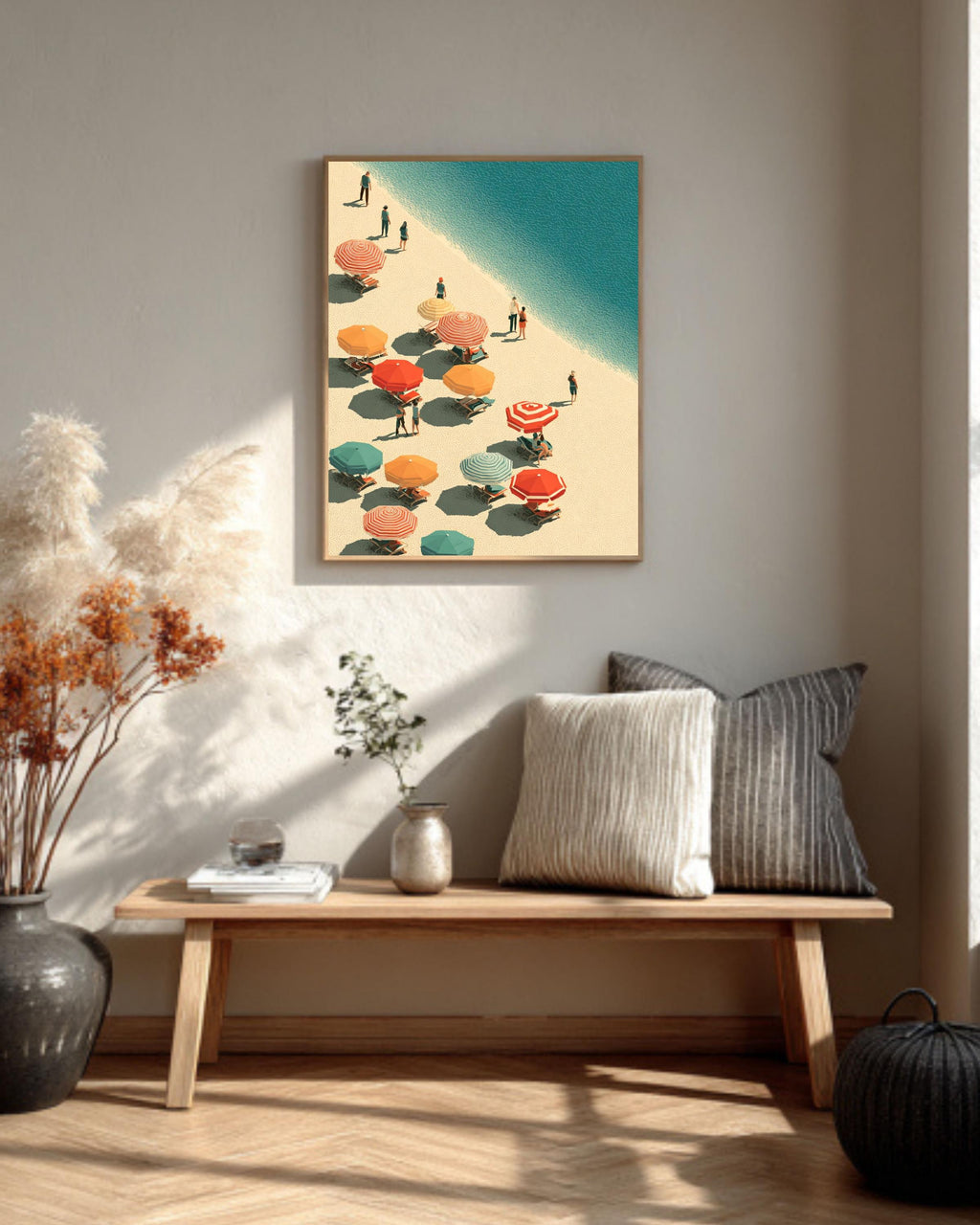 Abstract Beach Canvas Print, Colorful Umbrellas, Retro Coastal Wall Art