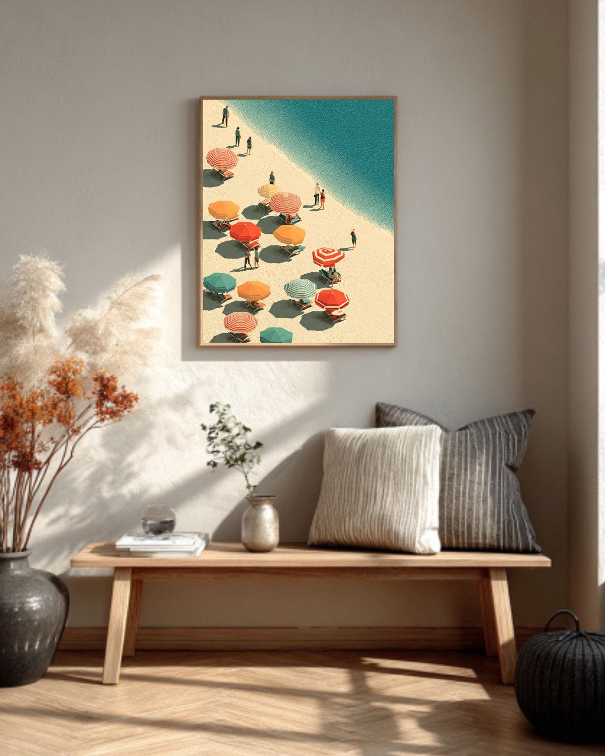 Abstract Beach Canvas Print, Colorful Umbrellas, Retro Coastal Wall Art