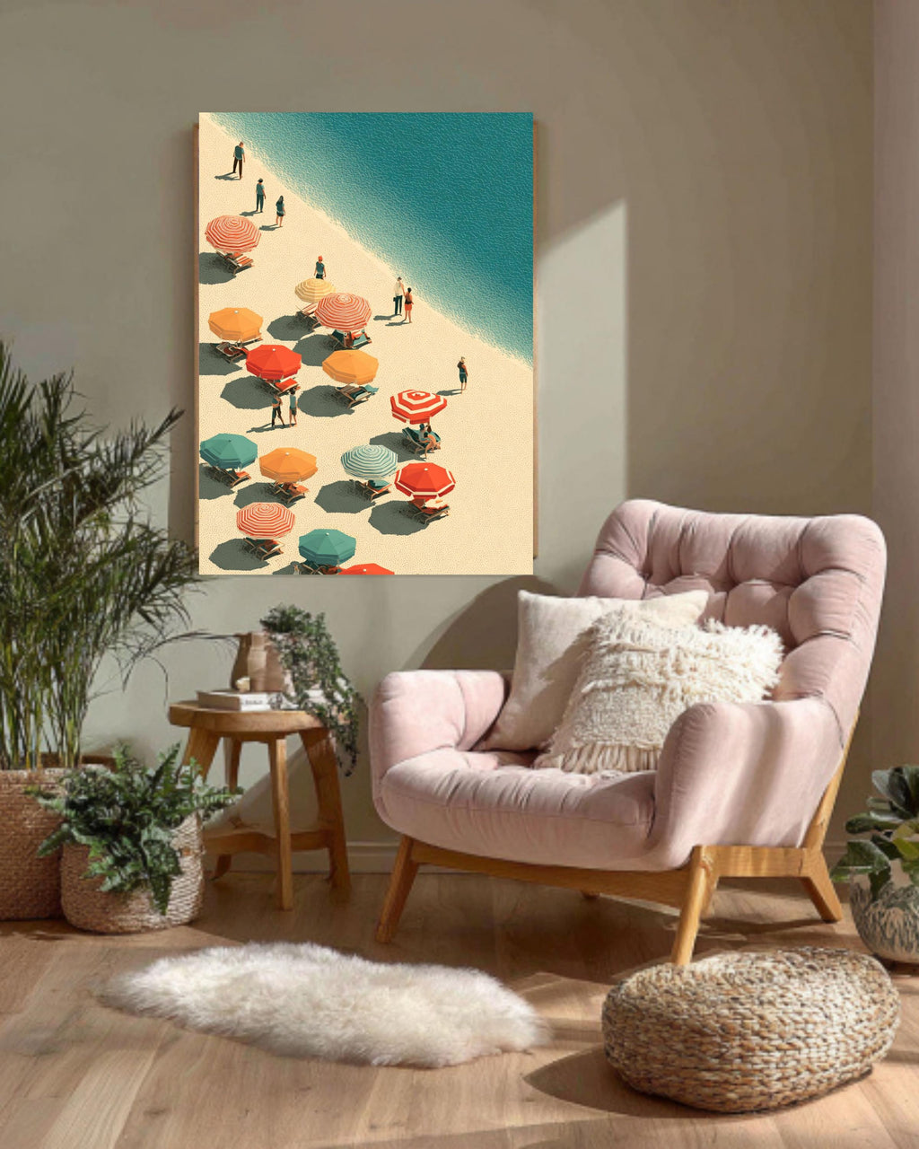 Abstract Beach Canvas Print, Colorful Umbrellas, Retro Coastal Wall Art