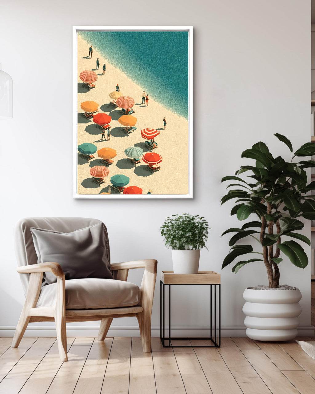 Abstract Beach Canvas Print, Colorful Umbrellas, Retro Coastal Wall Art