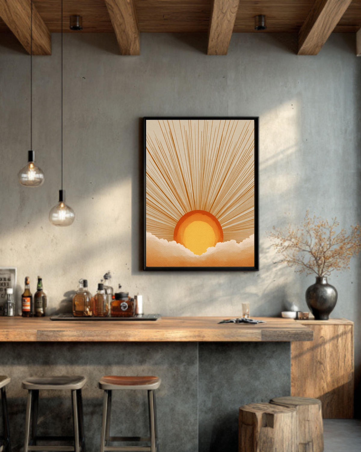 Retro Sunburst Canvas Art Print: Boho Sunset Wall Decor