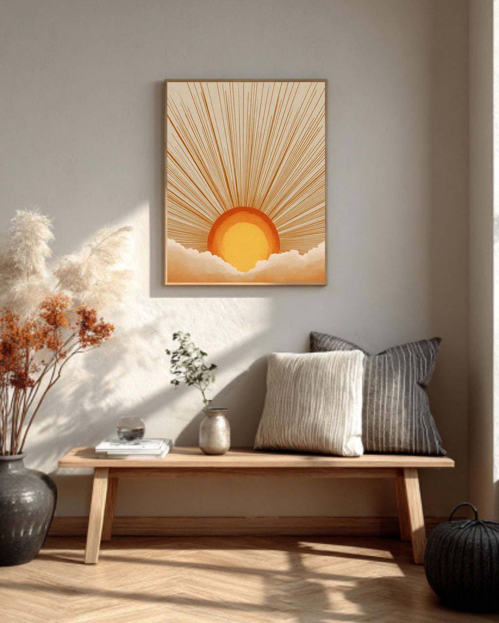 Retro Sunburst Canvas Art Print: Boho Sunset Wall Decor
