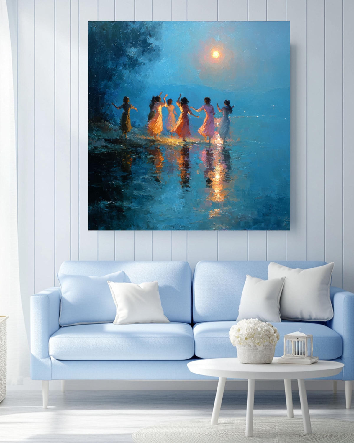 Moonlit Dancing Women Canvas Art, Whimsical Night Sky Painting