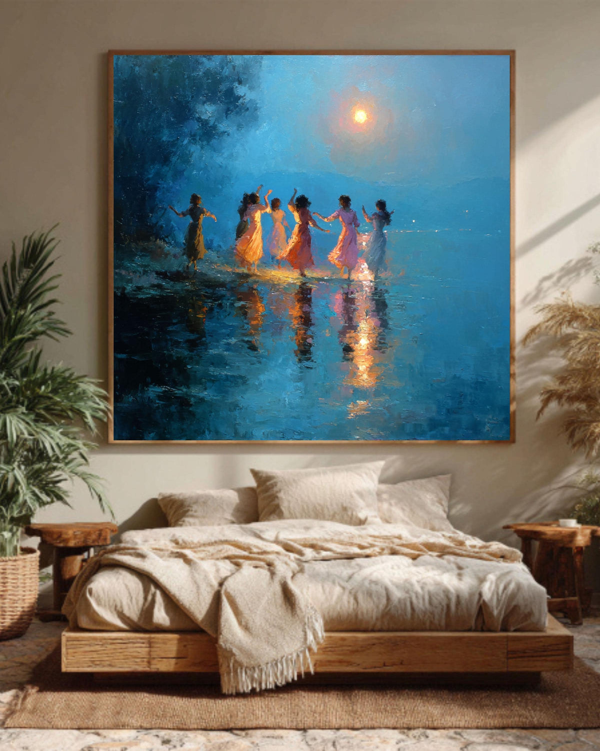 Moonlit Dancing Women Canvas Art, Whimsical Night Sky Painting