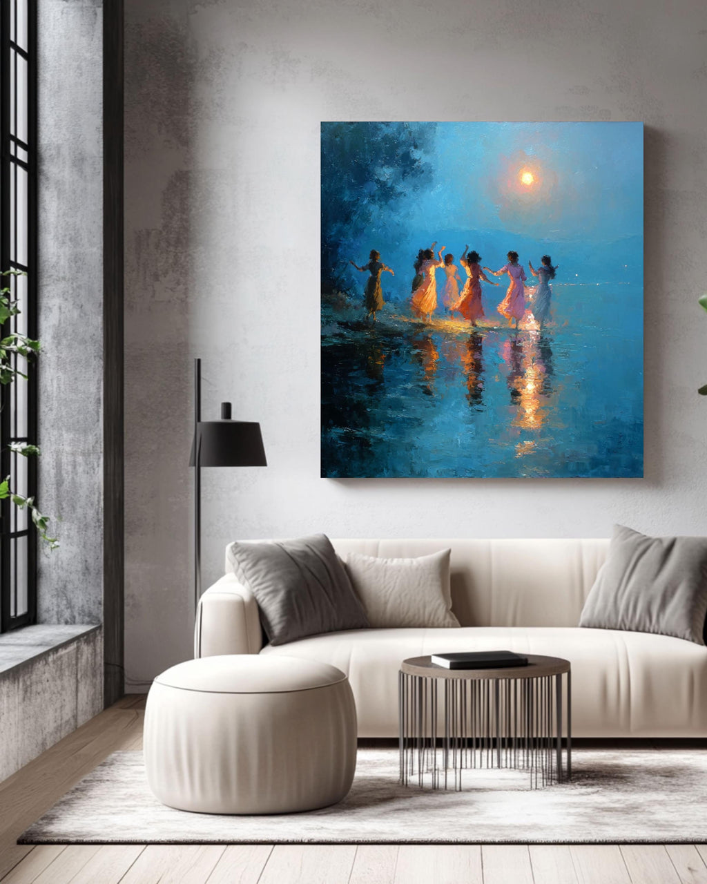 Moonlit Dancing Women Canvas Art, Whimsical Night Sky Painting