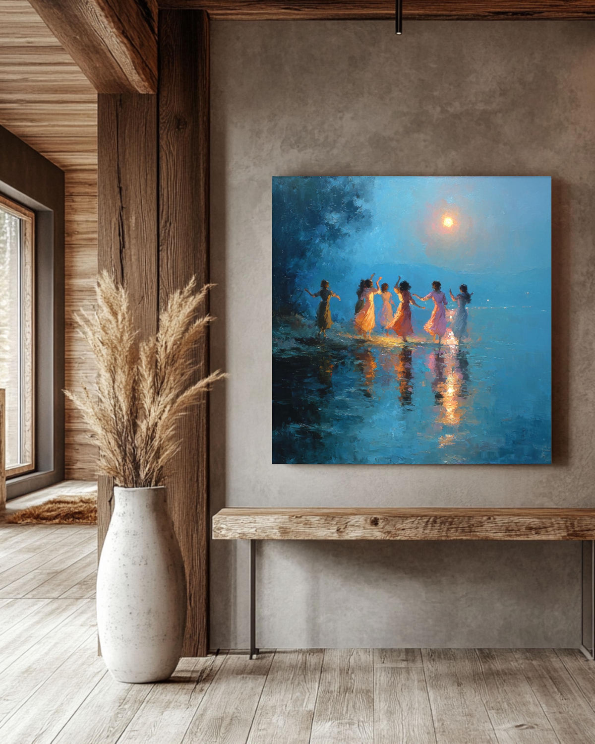Moonlit Dancing Women Canvas Art, Whimsical Night Sky Painting