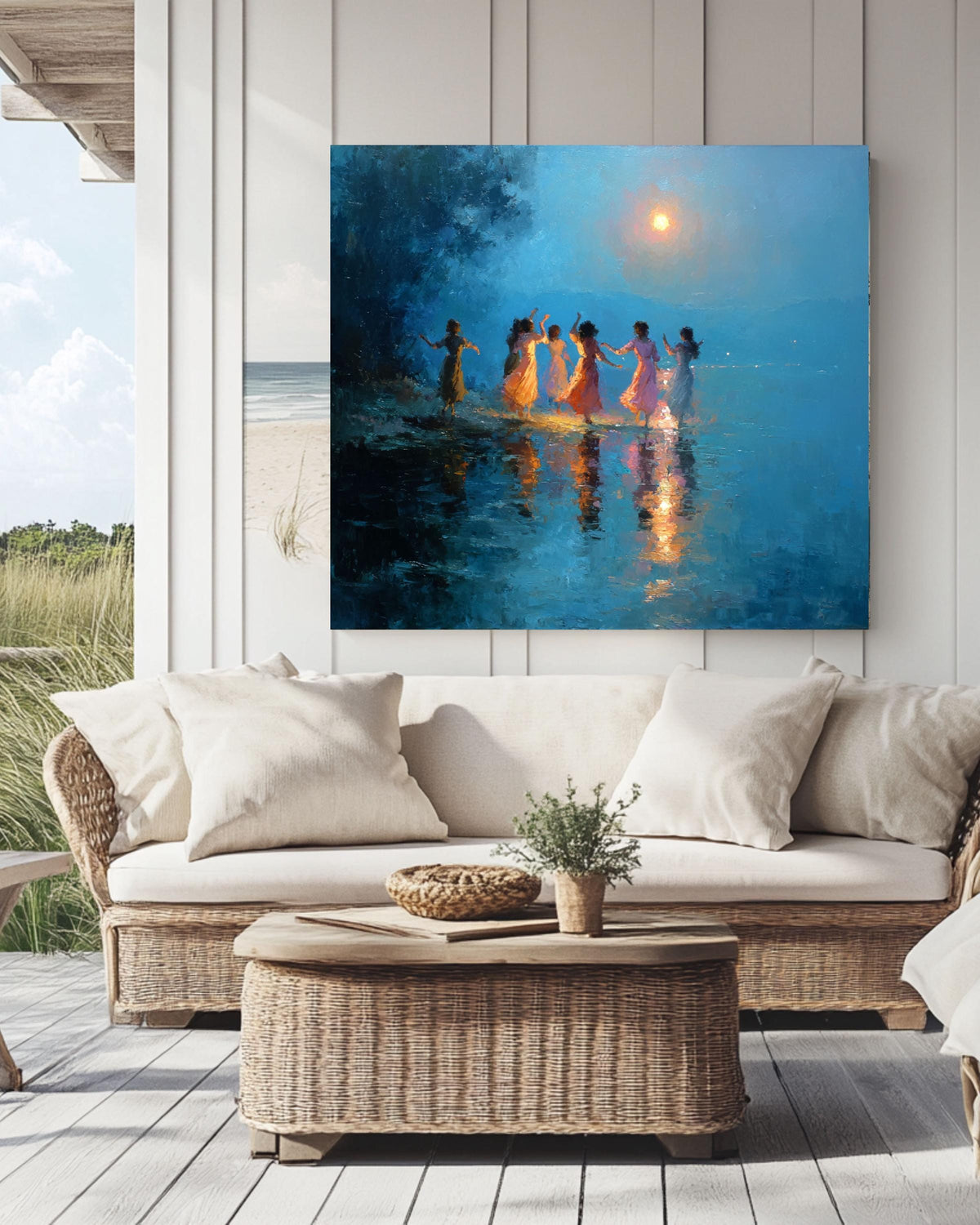Moonlit Dancing Women Canvas Art, Whimsical Night Sky Painting