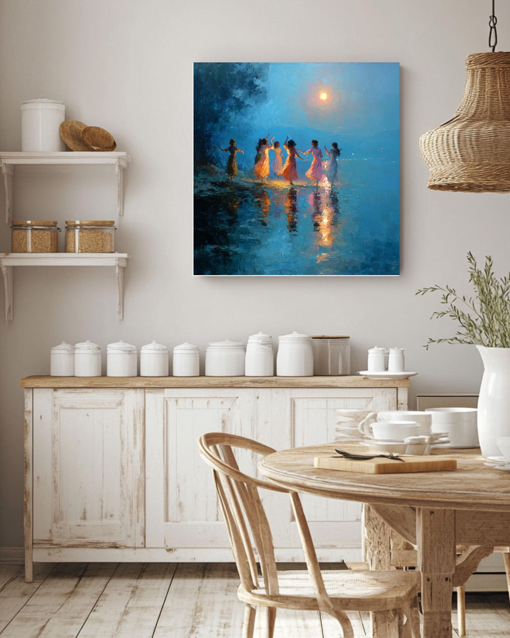 Moonlit Dancing Women Canvas Art, Whimsical Night Sky Painting