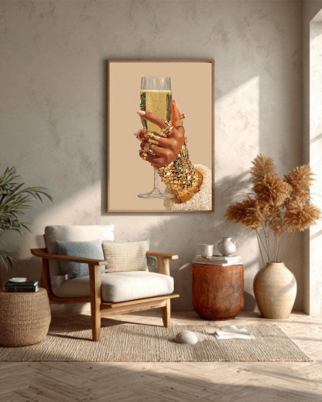 Champagne Glass Canvas Print: Gold Rings, Elegant Fashion Wall Art
