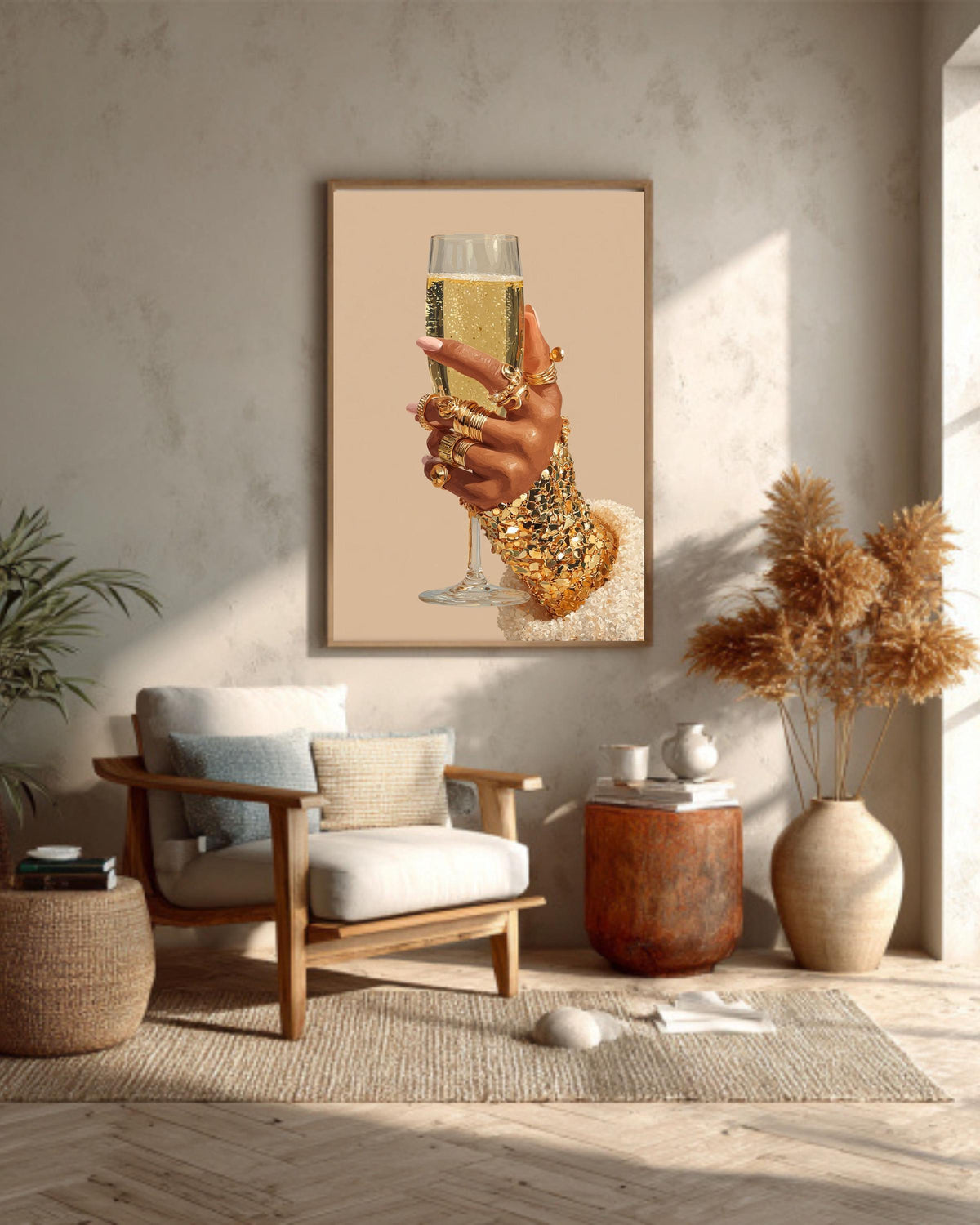 Champagne Glass Canvas Print: Gold Rings, Elegant Fashion Wall Art