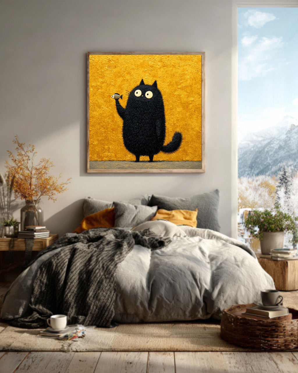 Funny Black Cat Fish Canvas Print, Whimsical Animal Wall Art