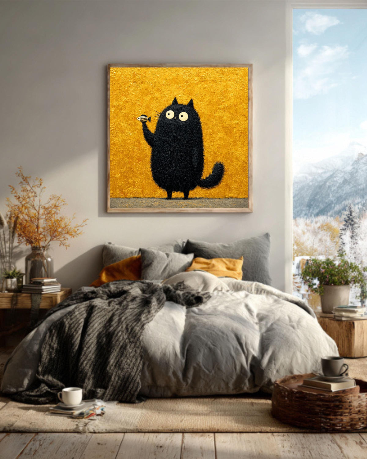 Funny Black Cat Fish Canvas Print, Whimsical Animal Wall Art