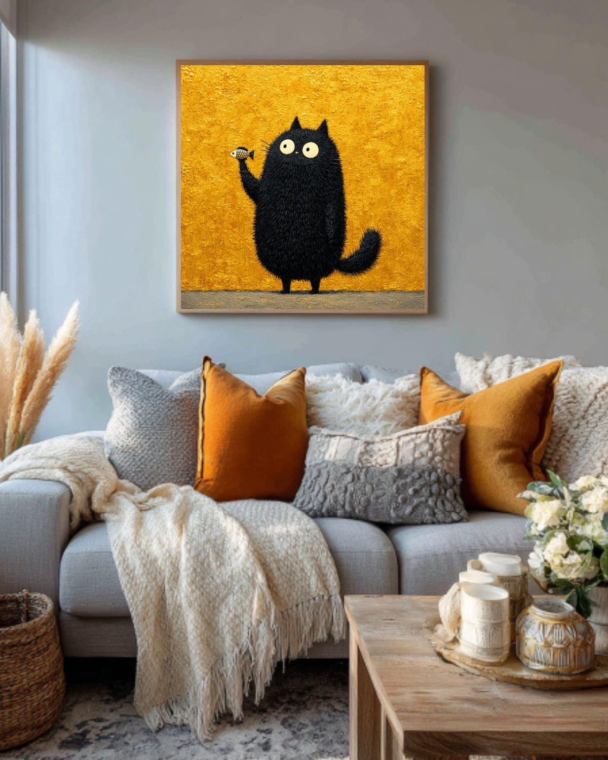 Funny Black Cat Fish Canvas Print, Whimsical Animal Wall Art