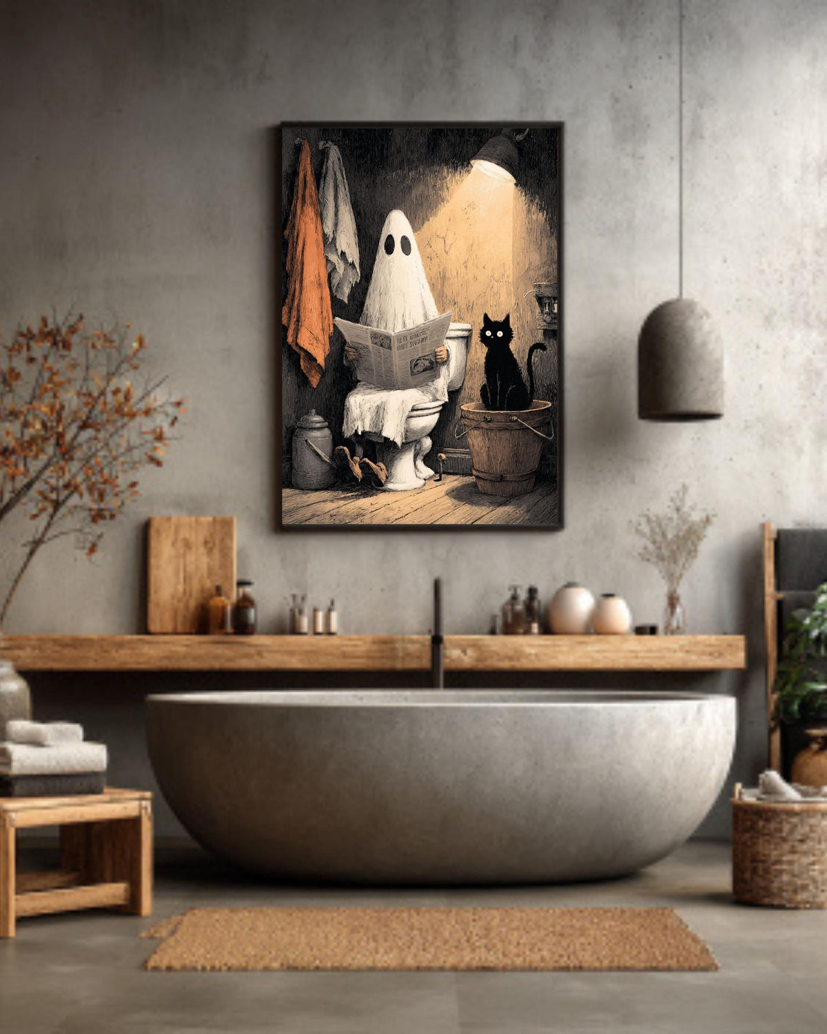Funny Ghost Cat Toilet Canvas Print, Quirky Bathroom Halloween Decor