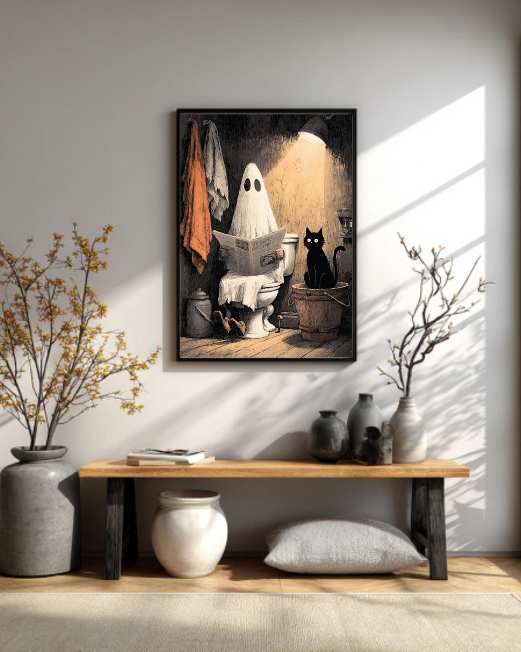 Funny Ghost Cat Toilet Canvas Print, Quirky Bathroom Halloween Decor