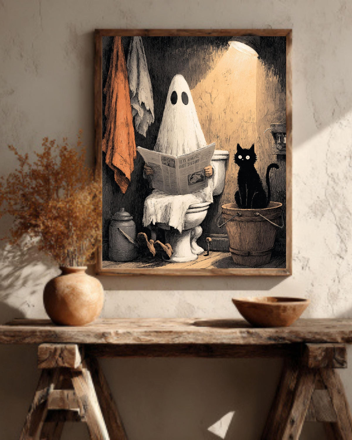 Funny Ghost Cat Toilet Canvas Print, Quirky Bathroom Halloween Decor