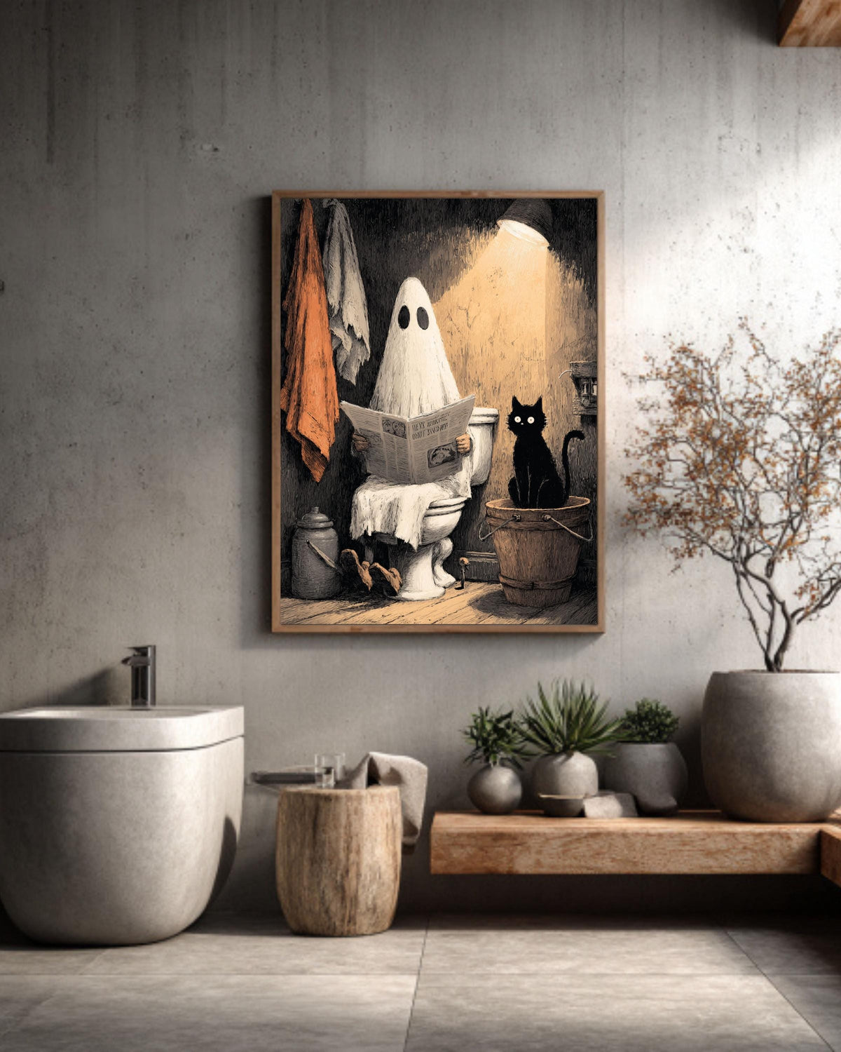 Funny Ghost Cat Toilet Canvas Print, Quirky Bathroom Halloween Decor