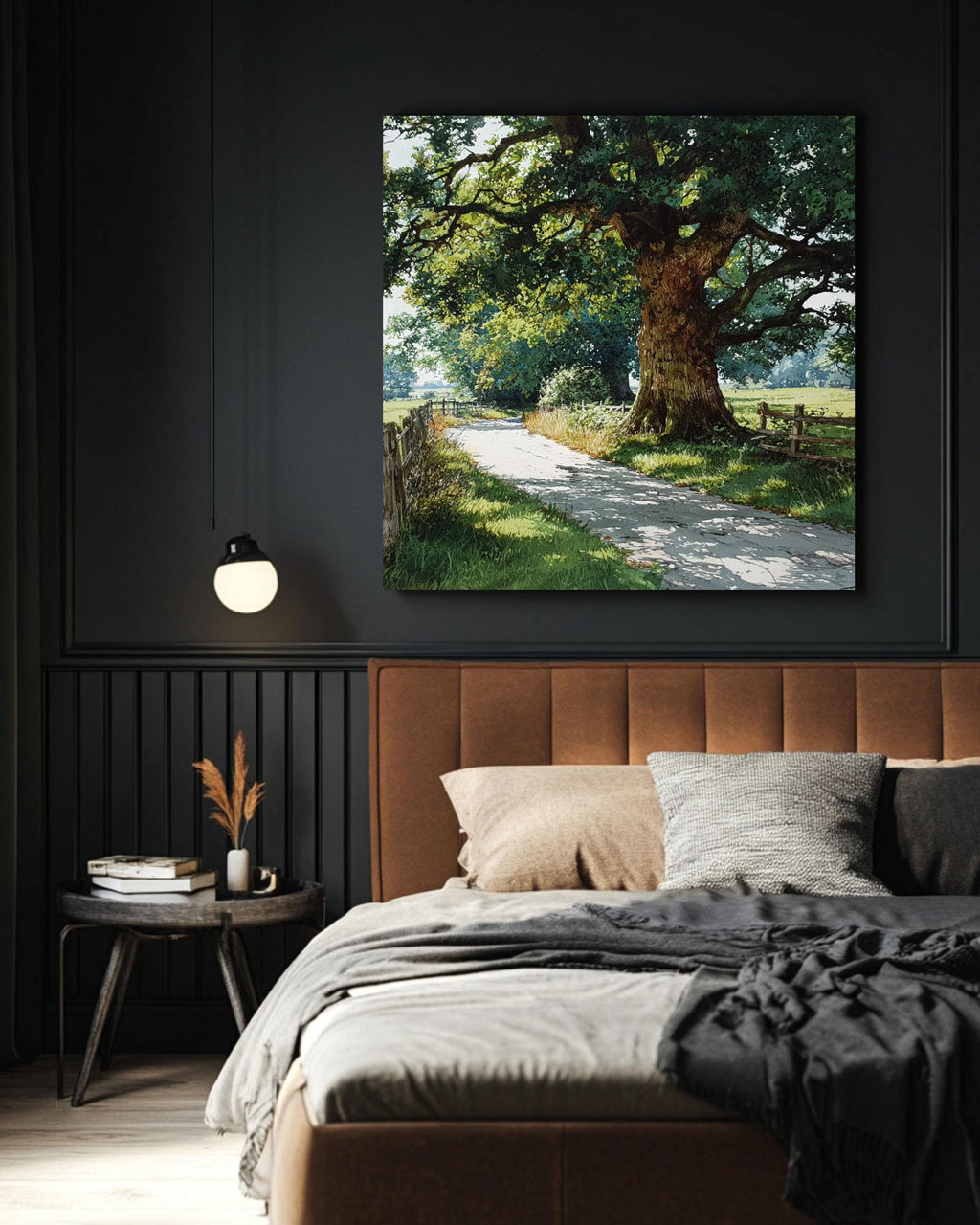 Old Oak Tree Canvas Print, Country Road Landscape, Farmhouse Wall Art