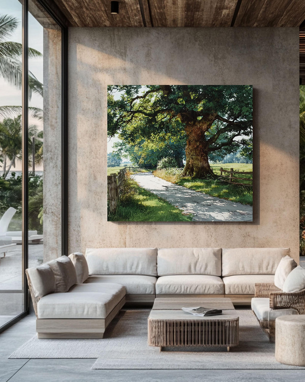 Old Oak Tree Canvas Print, Country Road Landscape, Farmhouse Wall Art
