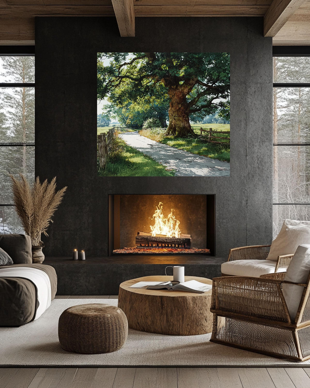 Old Oak Tree Canvas Print, Country Road Landscape, Farmhouse Wall Art
