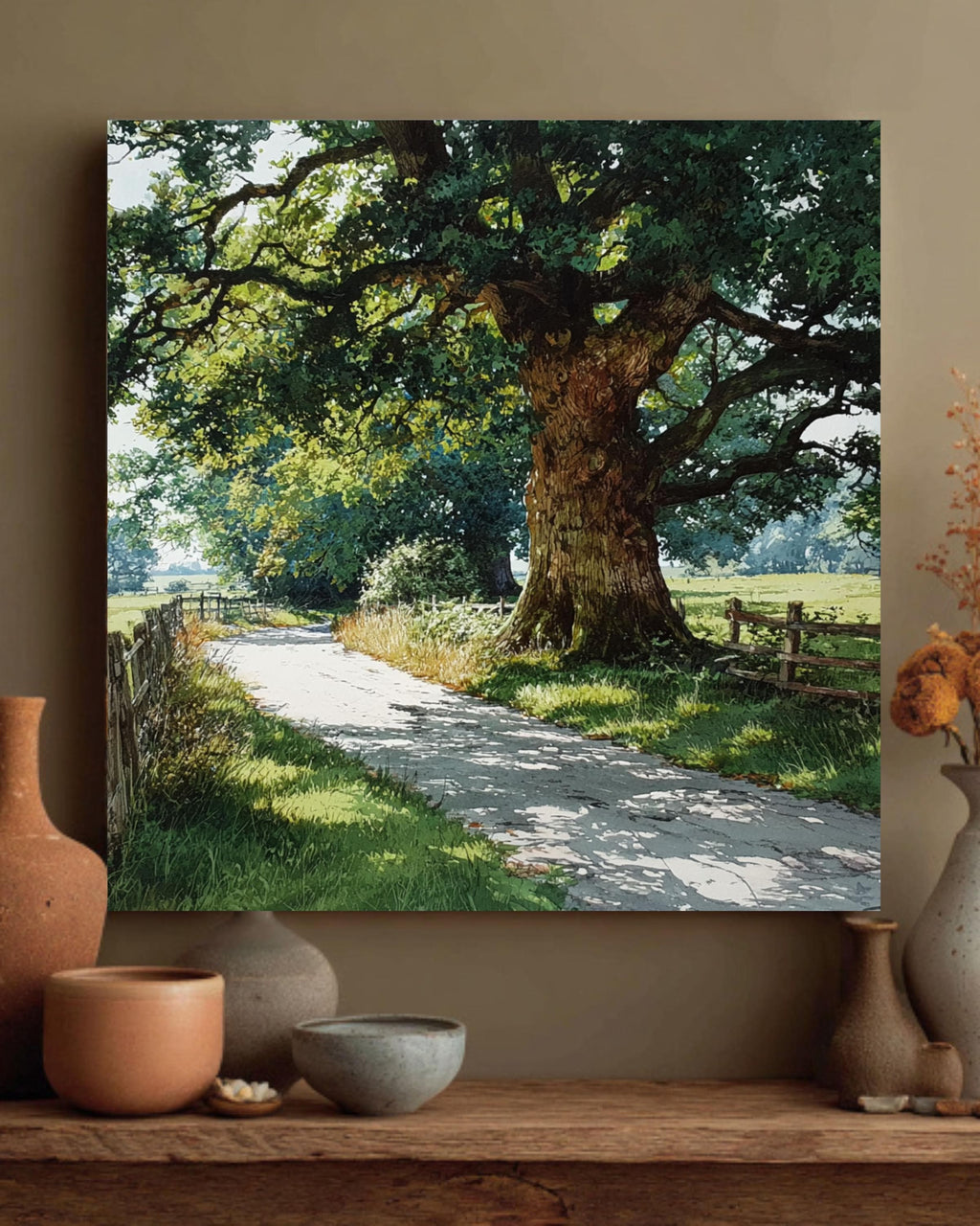 Old Oak Tree Canvas Print, Country Road Landscape, Farmhouse Wall Art