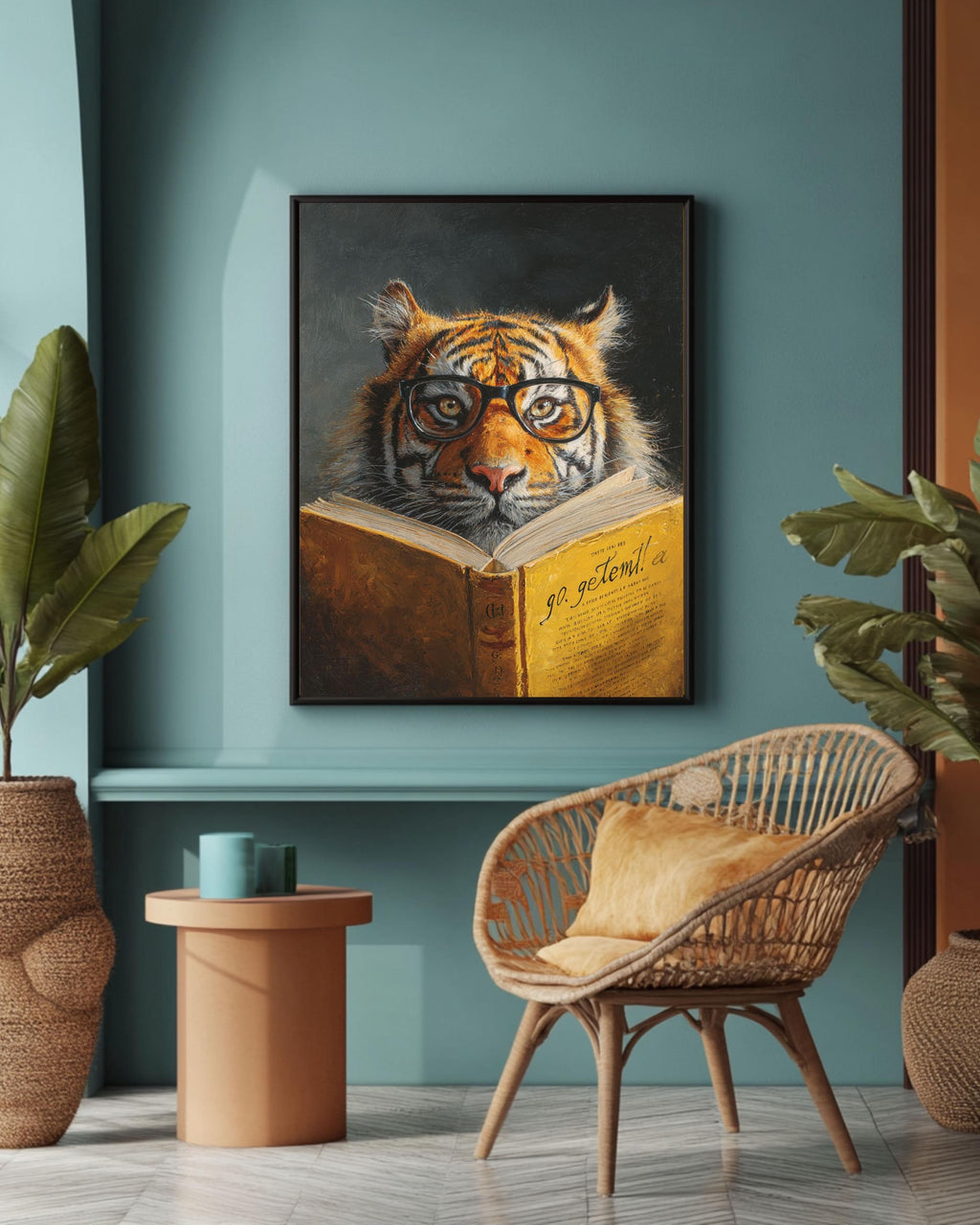 Smart Tiger Reading Book Canvas, Quirky Animal Portrait, Librarian Gift, Office Decor, Humorous Art