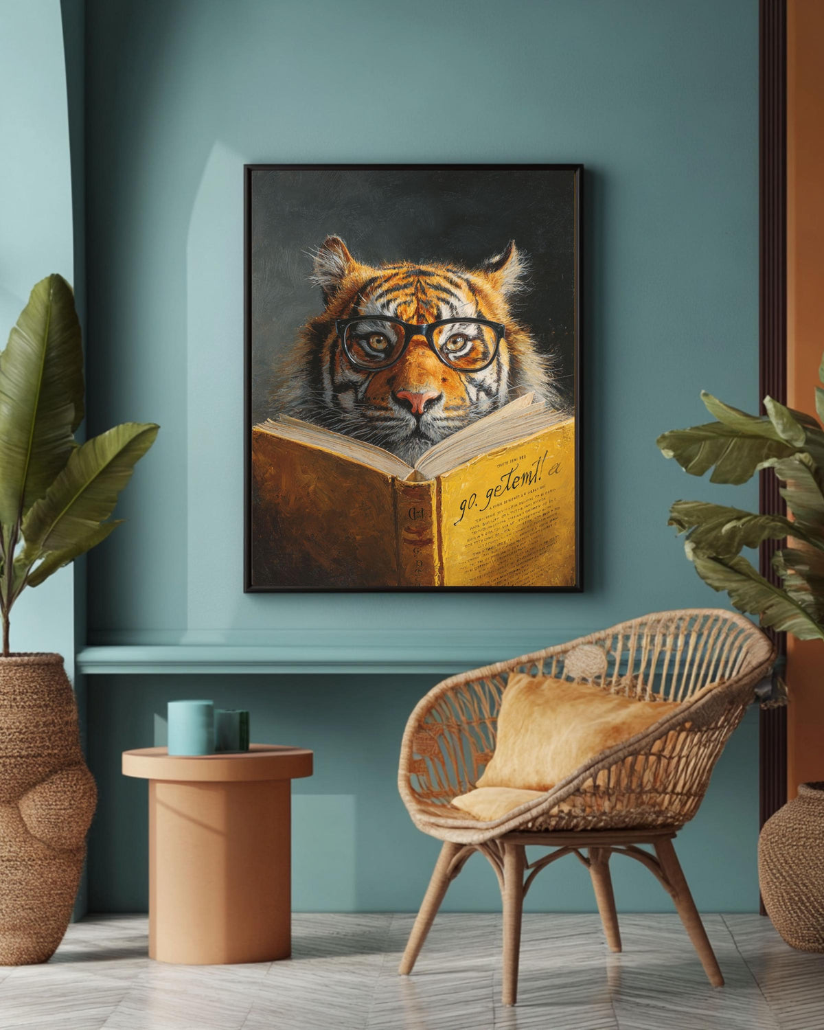 Smart Tiger Reading Book Canvas, Quirky Animal Portrait, Librarian Gift, Office Decor, Humorous Art