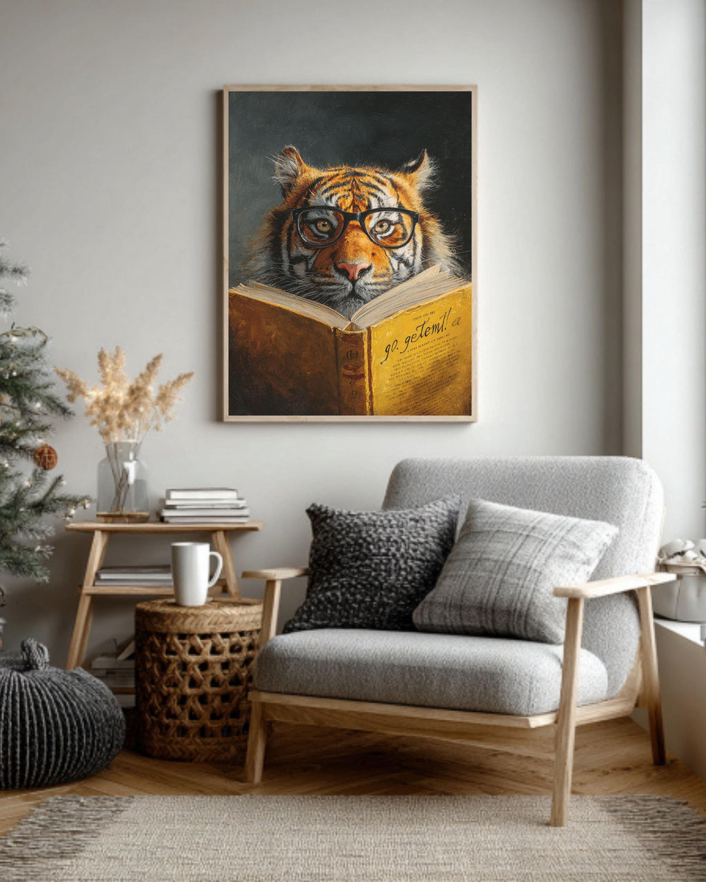 Smart Tiger Reading Book Canvas, Quirky Animal Portrait, Librarian Gift, Office Decor, Humorous Art