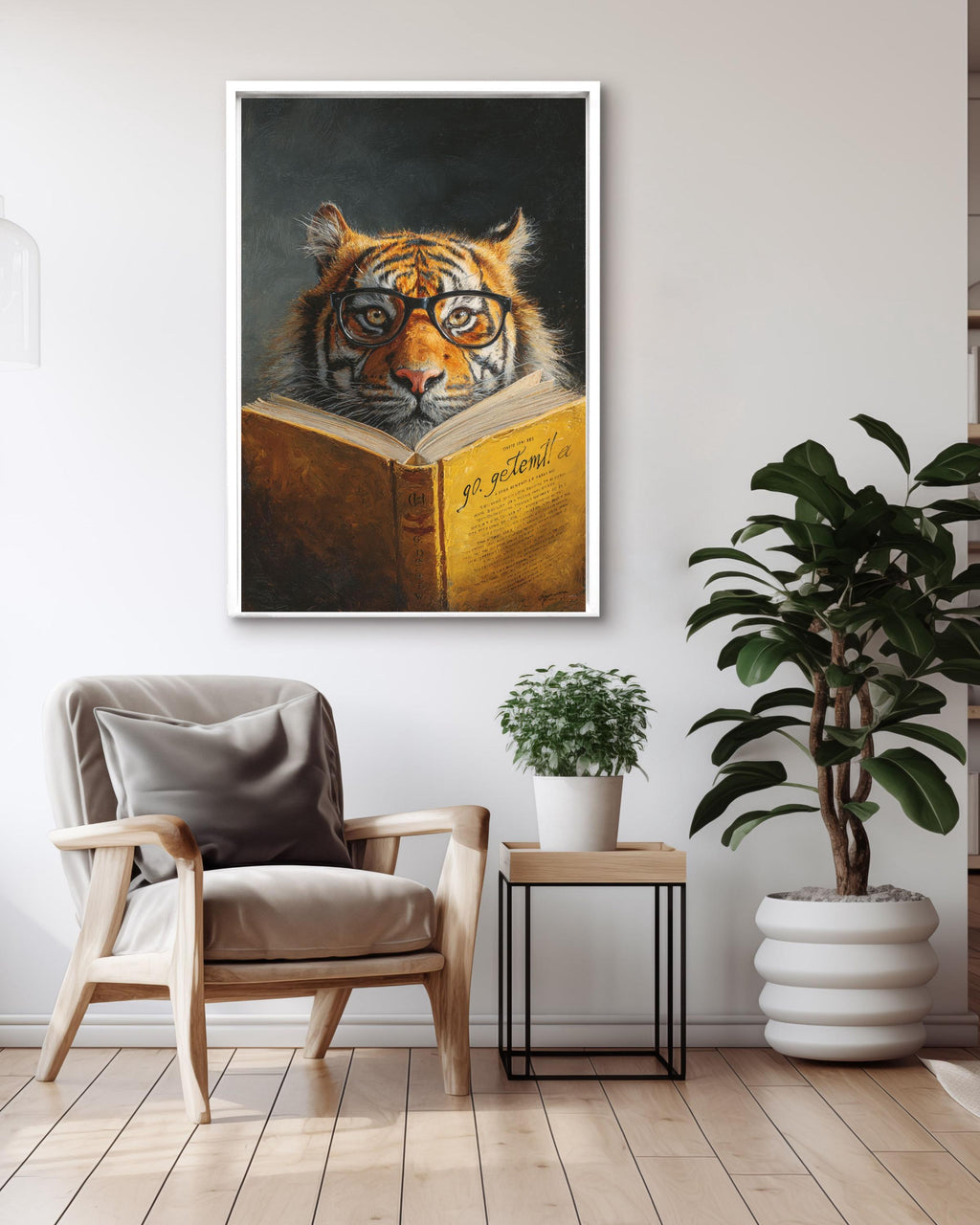 Smart Tiger Reading Book Canvas, Quirky Animal Portrait, Librarian Gift, Office Decor, Humorous Art