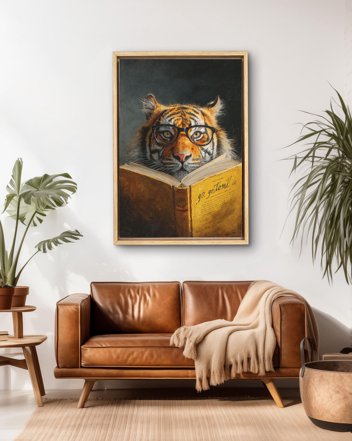 Smart Tiger Reading Book Canvas, Quirky Animal Portrait, Librarian Gift, Office Decor, Humorous Art