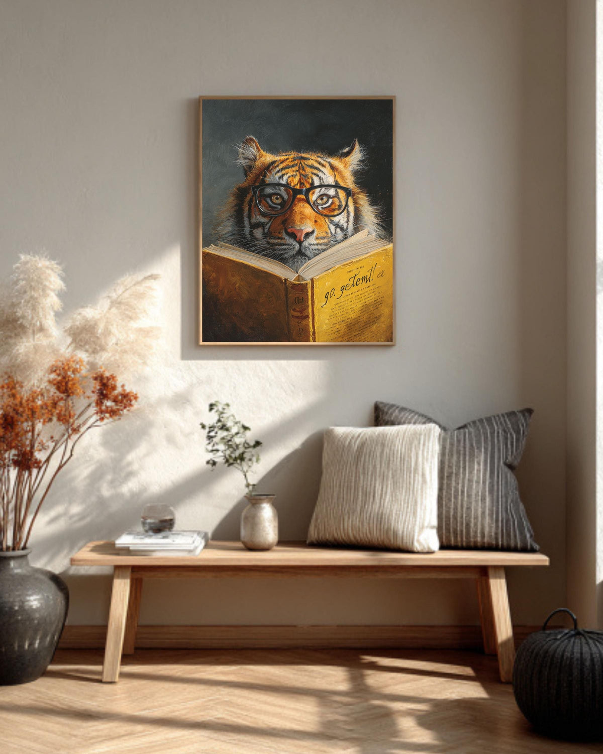 Smart Tiger Reading Book Canvas, Quirky Animal Portrait, Librarian Gift, Office Decor, Humorous Art