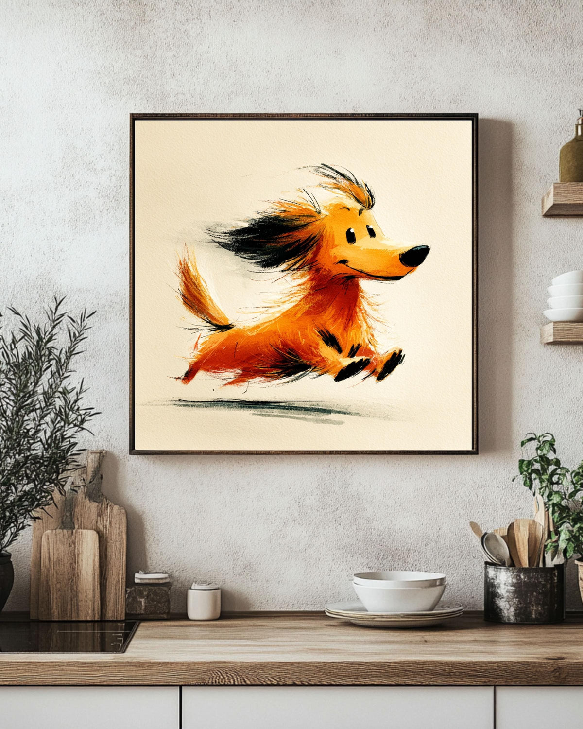 Long-Haired Dachshund Canvas Print | Running Wiener Dog Portrait