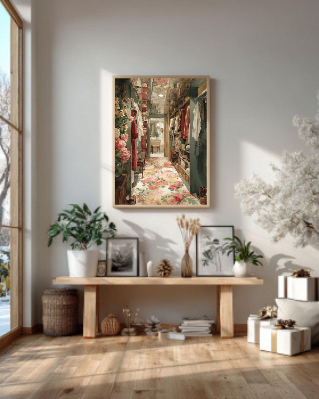 Glamorous Walk-In Closet Canvas Art: Watercolor Fashion Interior Print
