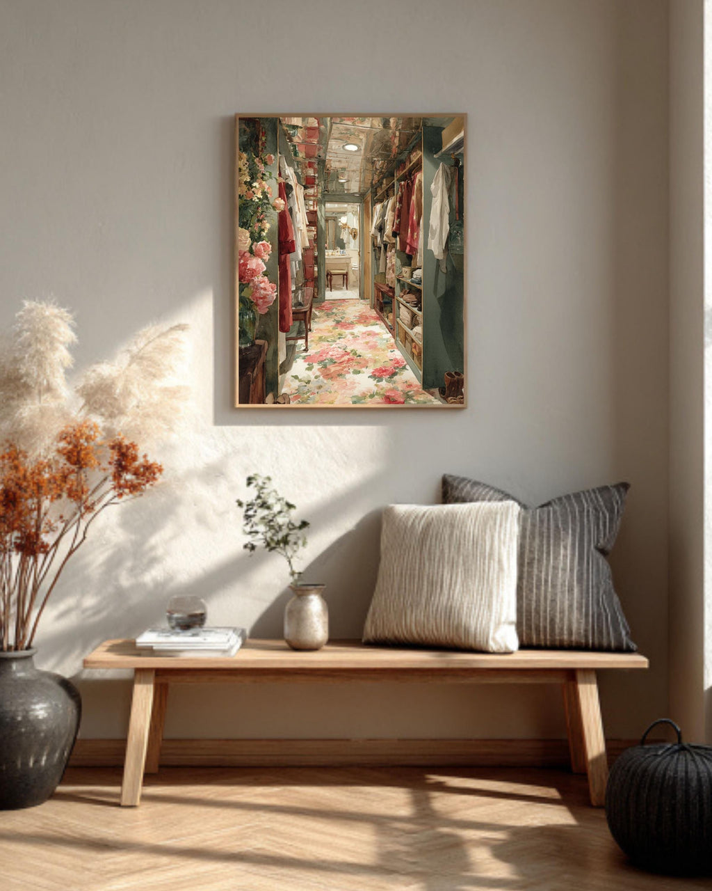 Glamorous Walk-In Closet Canvas Art: Watercolor Fashion Interior Print