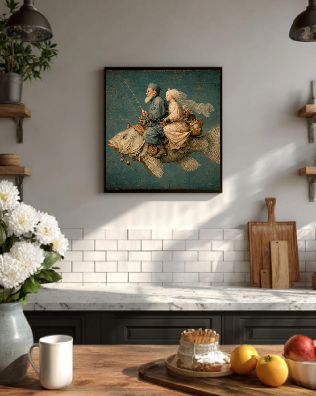 Vintage Fish Rider Canvas Print: Retro Surrealist Wall Art