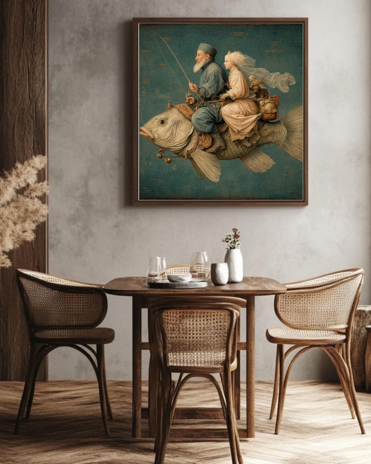 Vintage Fish Rider Canvas Print: Retro Surrealist Wall Art