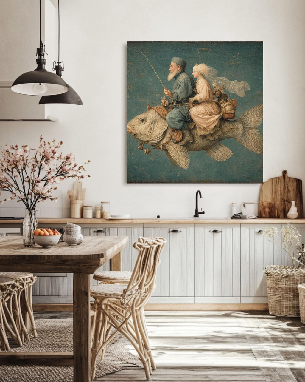 Vintage Fish Rider Canvas Print: Retro Surrealist Wall Art