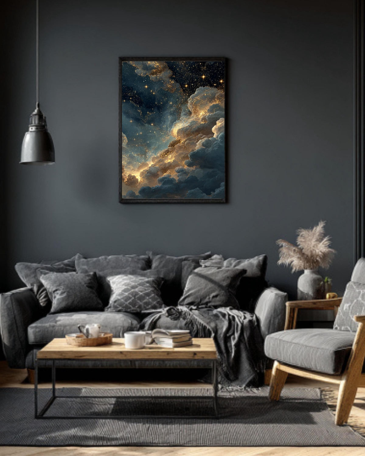 Starry Night Sky Canvas Art: Golden Cloudscape Galaxy Print