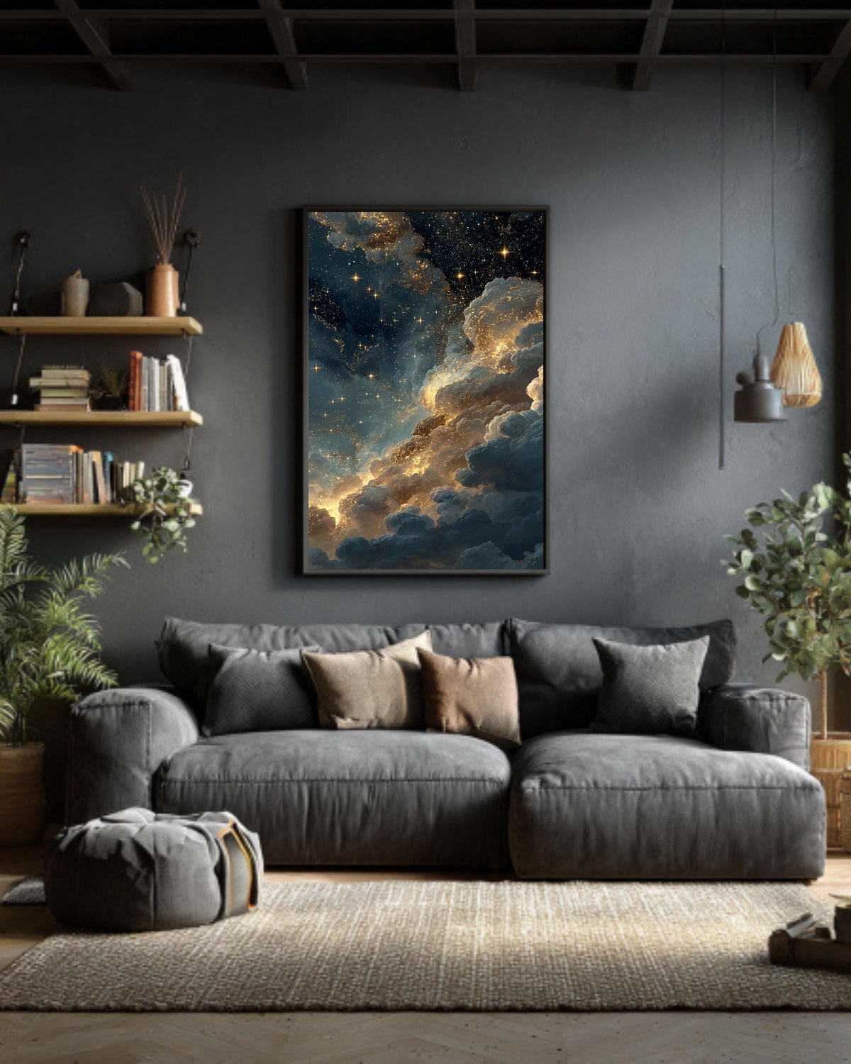 Starry Night Sky Canvas Art: Golden Cloudscape Galaxy Print
