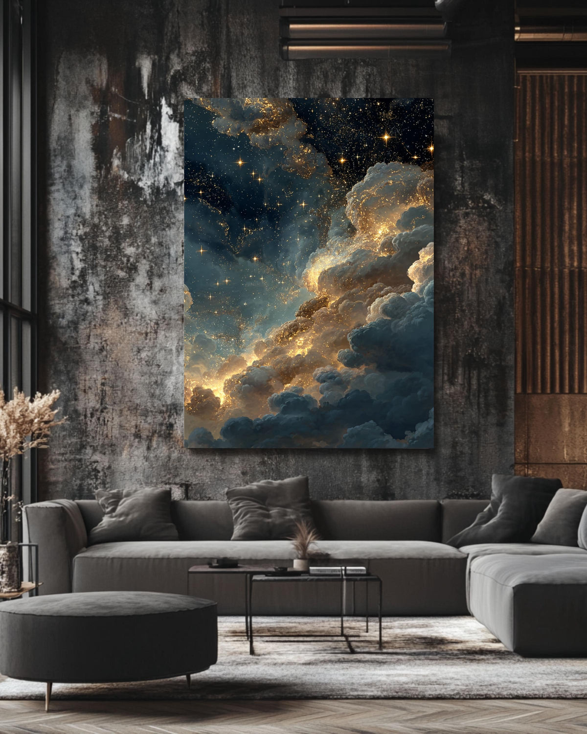 Starry Night Sky Canvas Art: Golden Cloudscape Galaxy Print