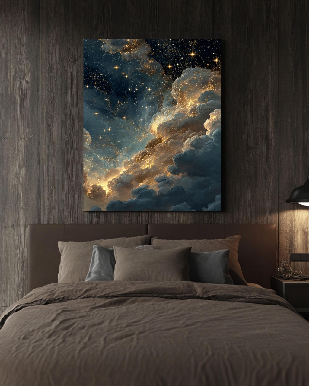 Starry Night Sky Canvas Art: Golden Cloudscape Galaxy Print